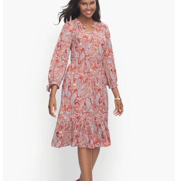 Talbots Split Neck Soft Dress - Sprinkle Paisley Red Ruffle Sleeve, Sz Large - Picture 10 of 10